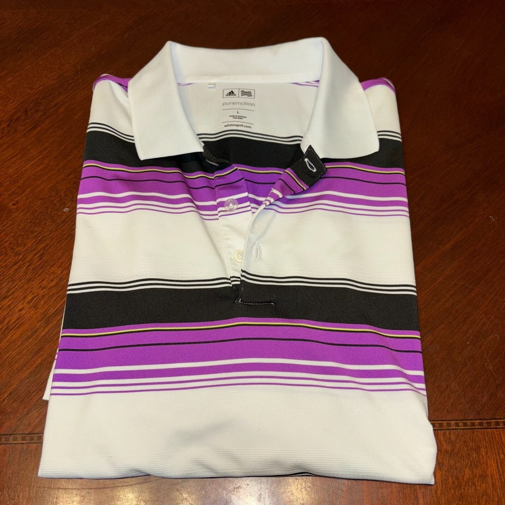 Adidas Pure Motion Men's Large SS‎ Purple White Black Golf Polo Shirt Polyester
